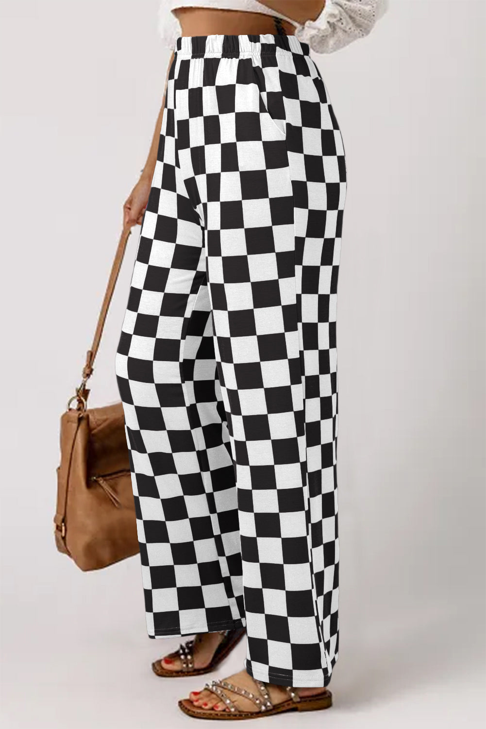 Black 2-Tone Checked Print High Waist Wide Leg Pants Bottoms/Pants & Culotte
