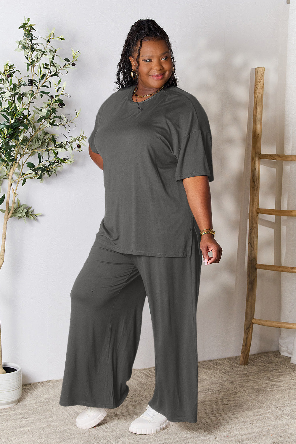 Double Take Full Size Round Neck Slit Top and Pants Set 
