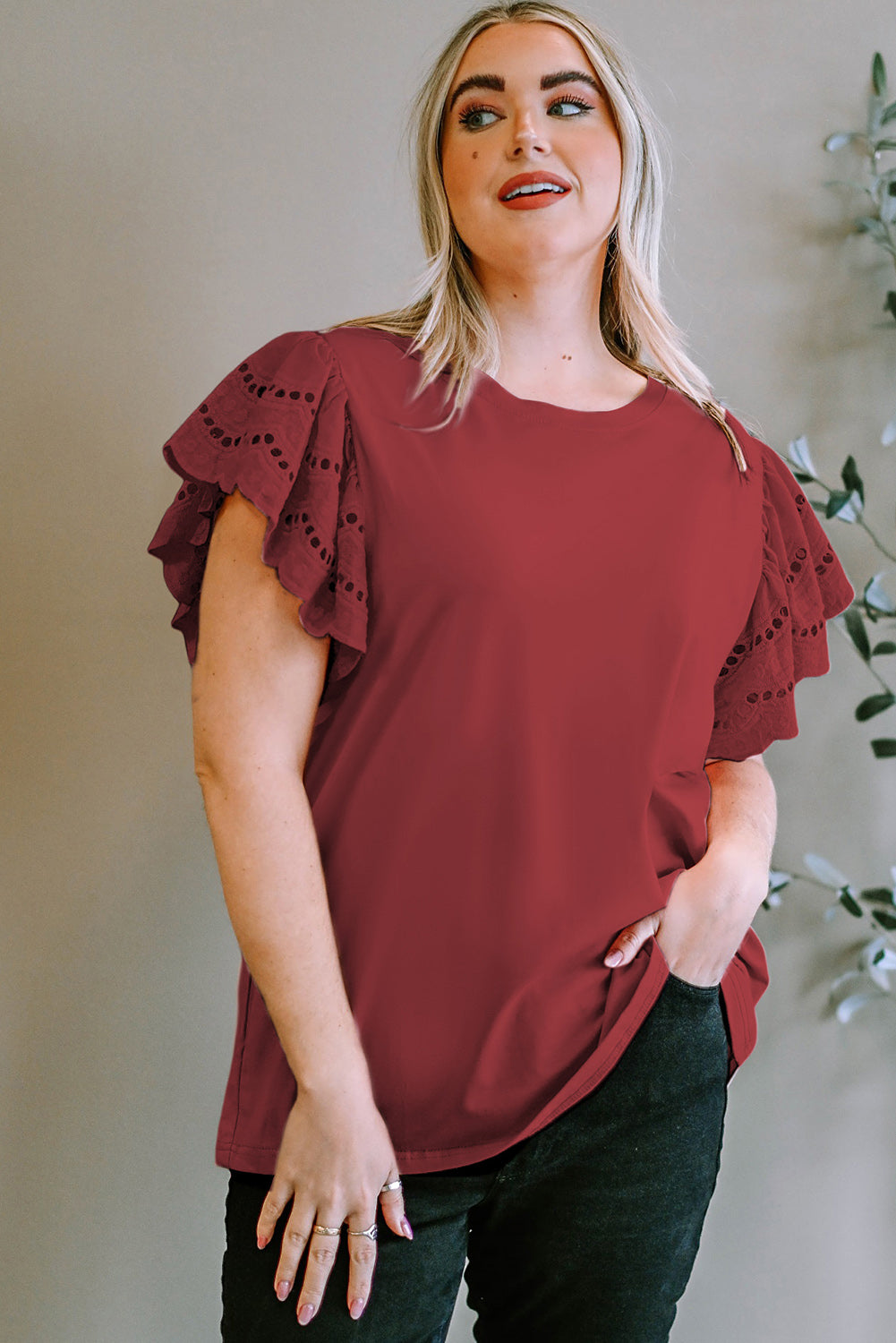 Plus Size Eyelet Round Neck Short Sleeve Blouse 