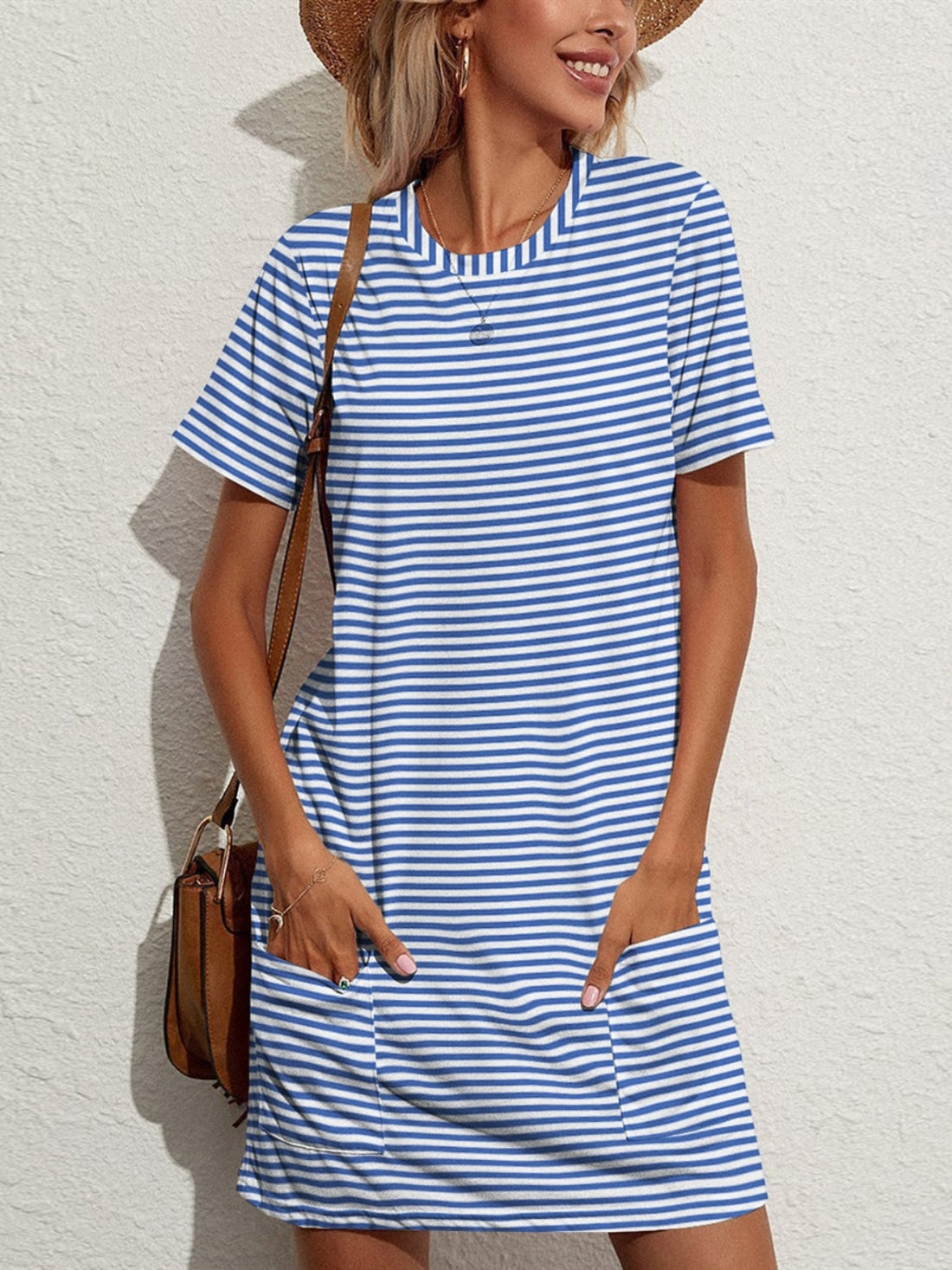 FAM-FAM Pocketed Striped Round Neck Short Sleeve Dress 