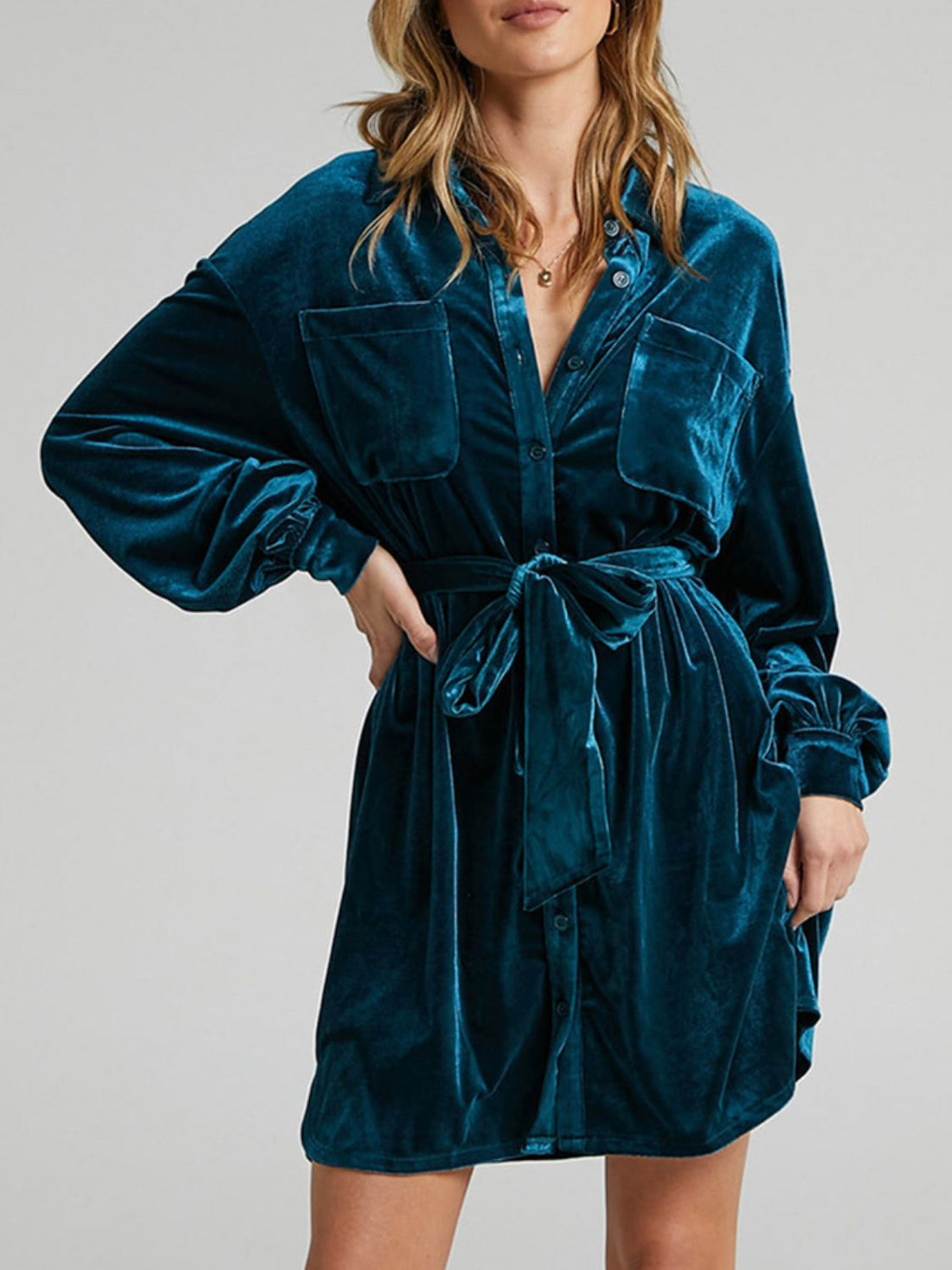 Collared Neck Button Down Long Sleeve Mini Dress 