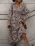Perfee Printed V-Neck Long Sleeve Midi Dress Dresses