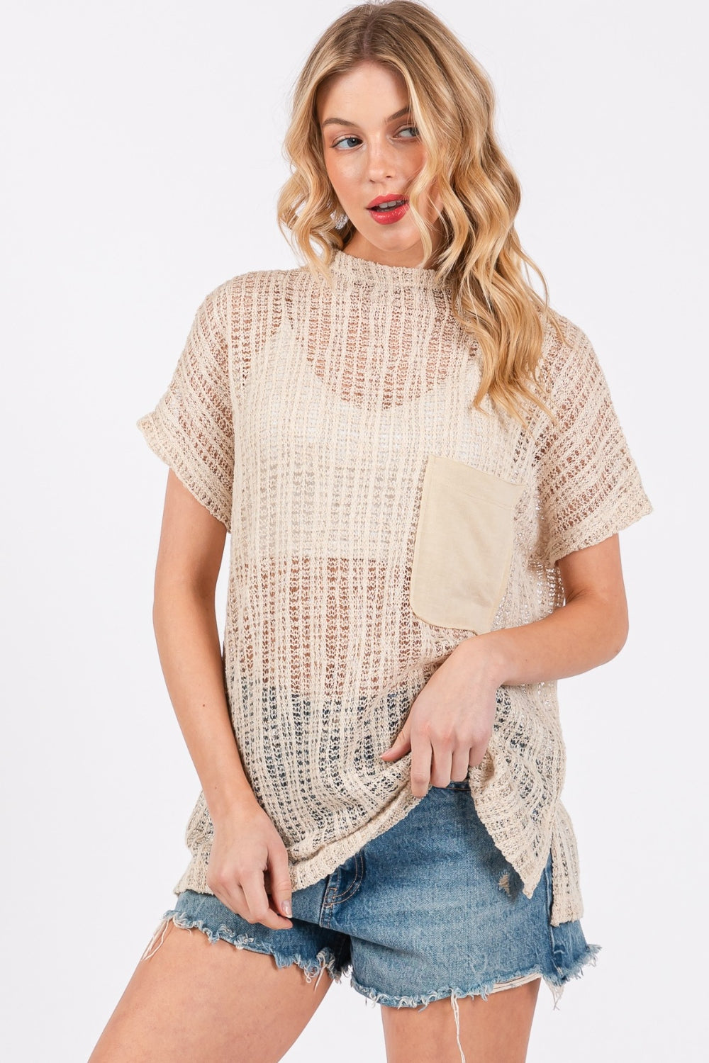Ces Femme See Through Crochet Mock Neck Cover Up 