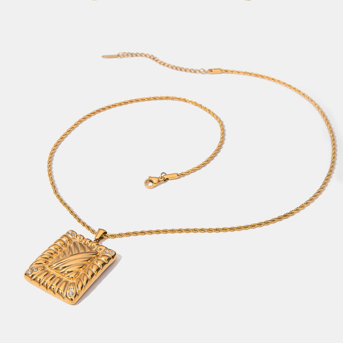 Stainless Steel Inlaid Rhinestone Rectangle Shape Pendant Necklace 