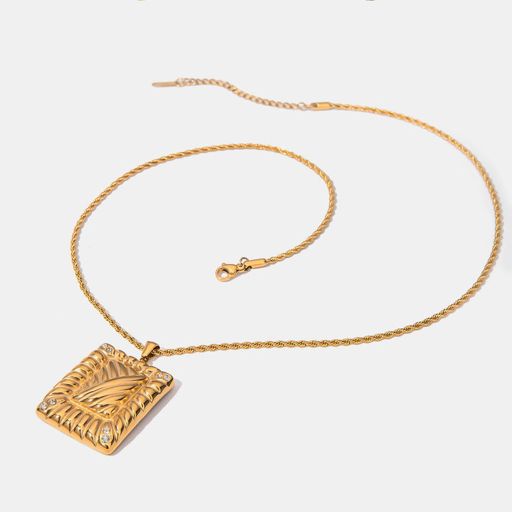 Stainless Steel Inlaid Rhinestone Rectangle Shape Pendant Necklace 