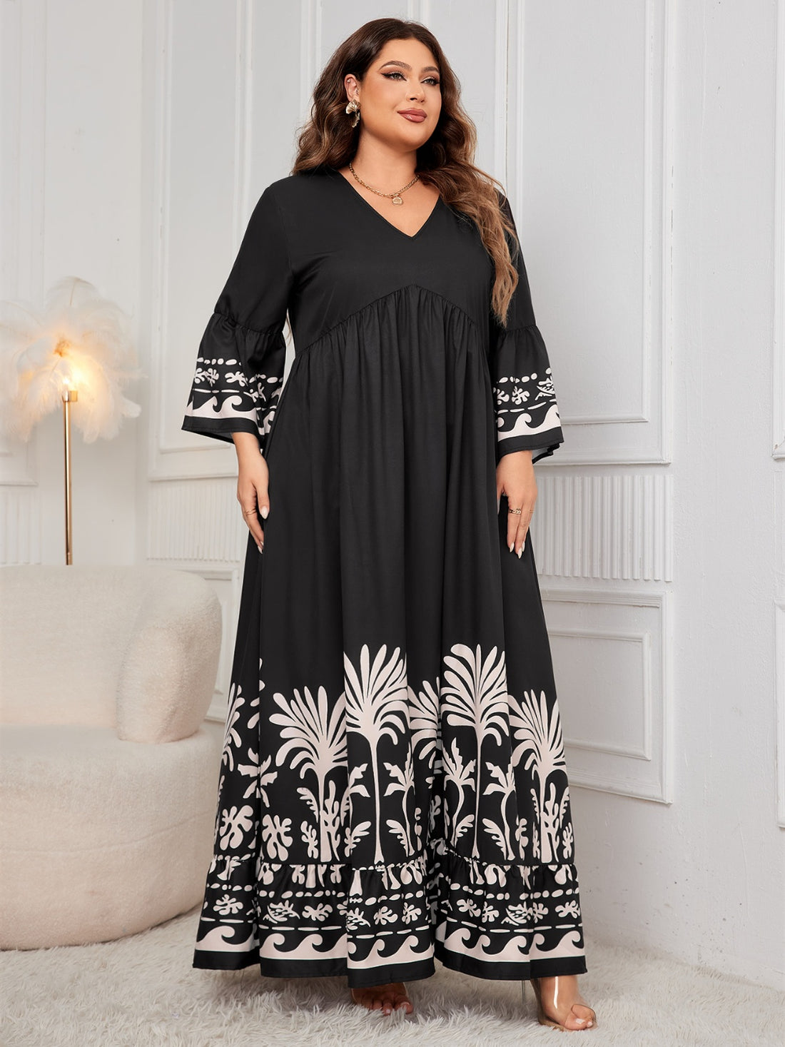 Honey Plus Size Printed V-Neck Long Sleeve Maxi Dress 