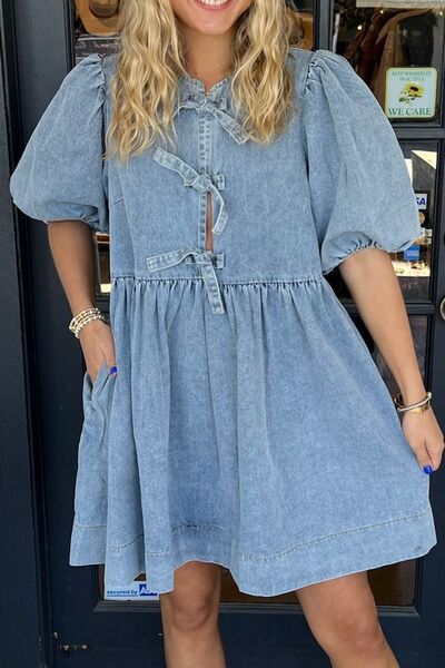 Bowknot Round Neck Half Sleeve Denim Dress Dresses