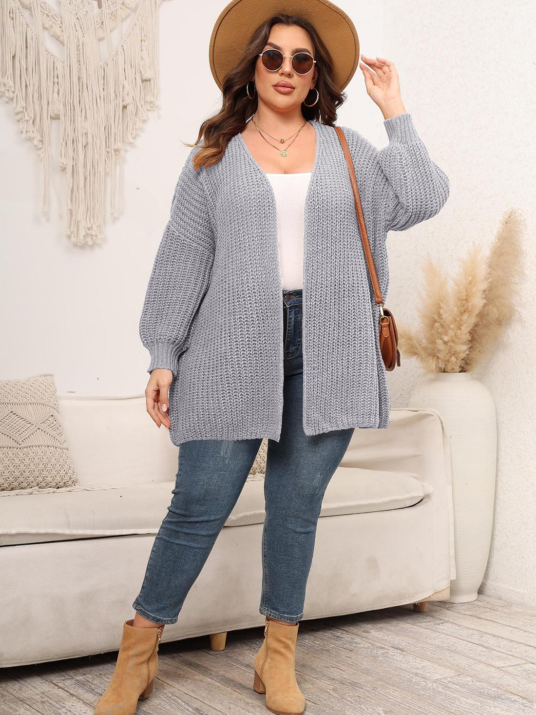 Plus Size Open Front Dropped Shoulder Knit Cardigan 