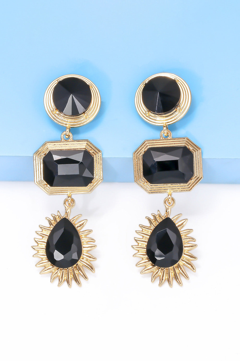 Geometrical Shape Zinc Alloy Frame Glass Dangle Earrings 