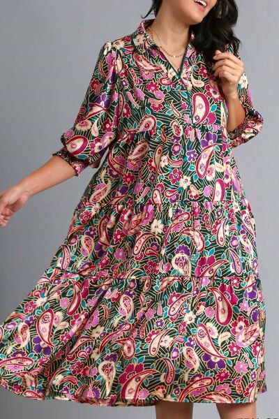 Umgee Full Size Paisley Print Satin Tiered Midi Dress Plus Size Dresses