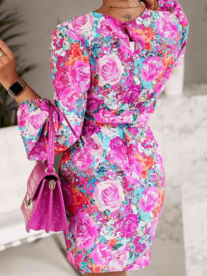 Floral Print Round Neck Long Sleeve Dress Dresses