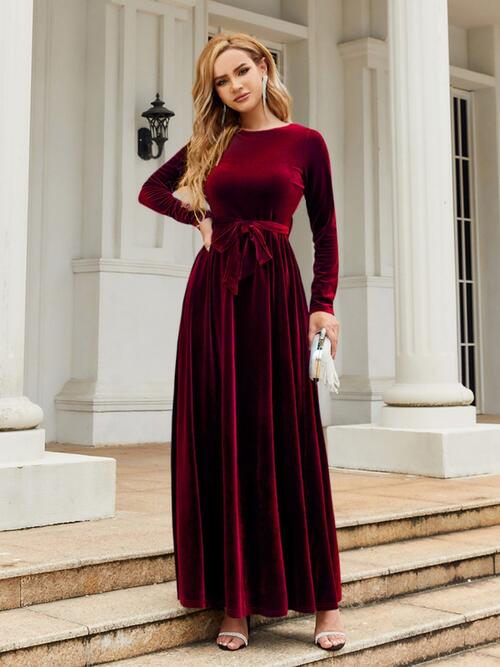 Tie Front Round Neck Long Sleeve Maxi Dress Dresses