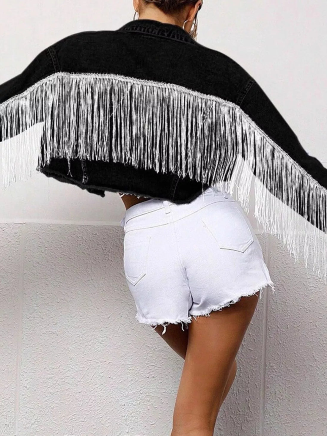Fringe Button Up Cropped Denim Jacket 