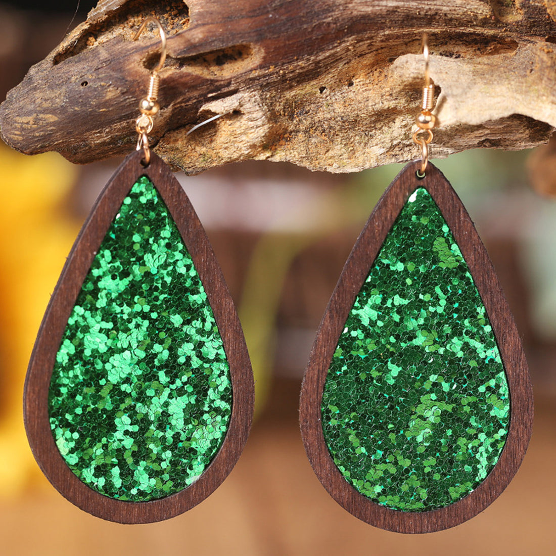 Sequin Wood Teardrop Earrings 