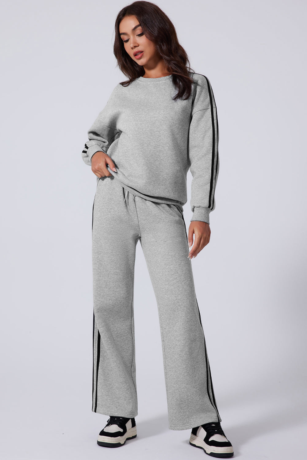 Side Striped Round Neck Top and Pants Active Set 