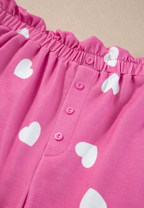Heart Round Neck Long Sleeve Top and Elastic Waist Shorts Set 