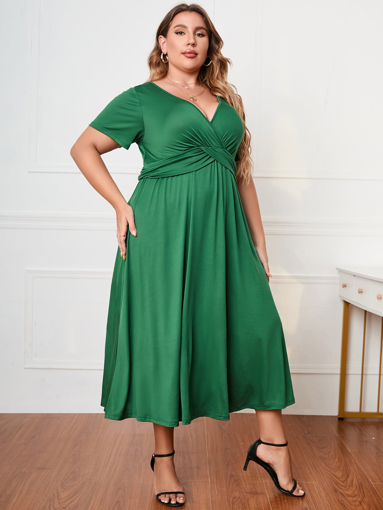 Honey Plus Size Short Sleeve Surplice Neck Midi Dress 