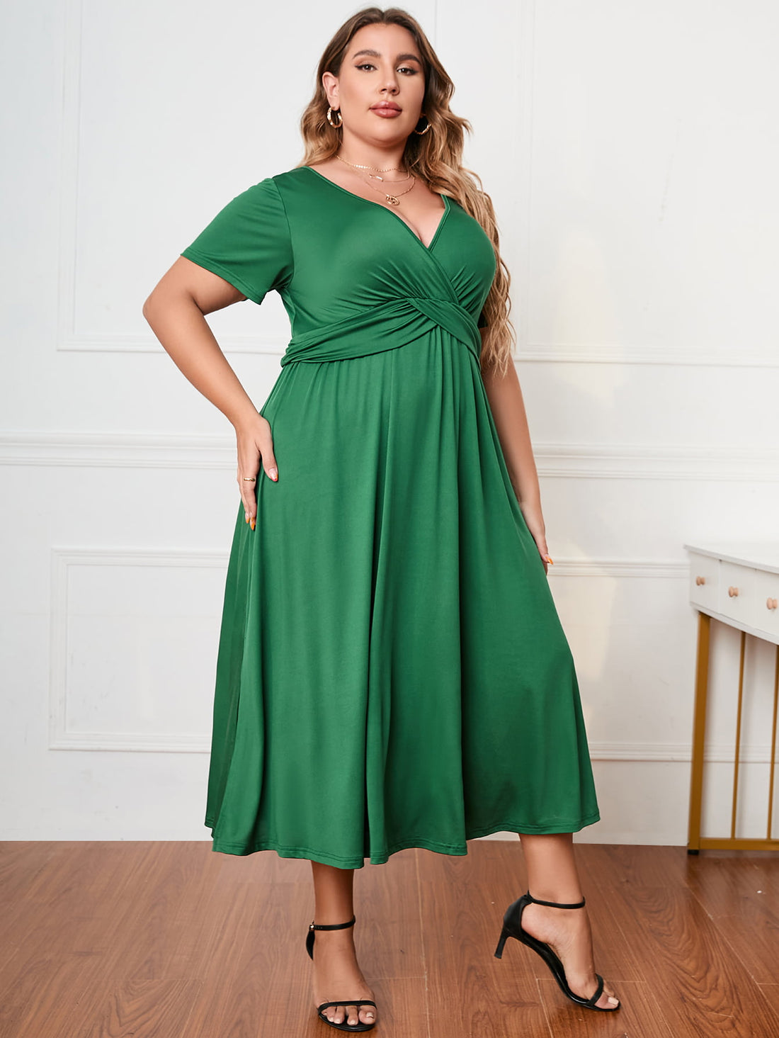Honey Plus Size Short Sleeve Surplice Neck Midi Dress 