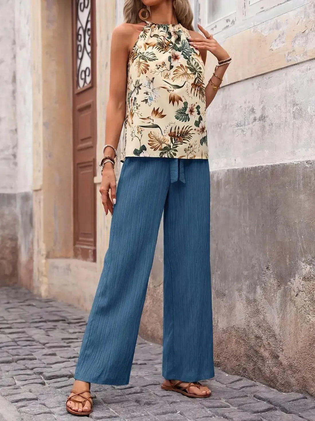 Printed Tank Top and Wide Leg Pants Set Two Piece Dresses