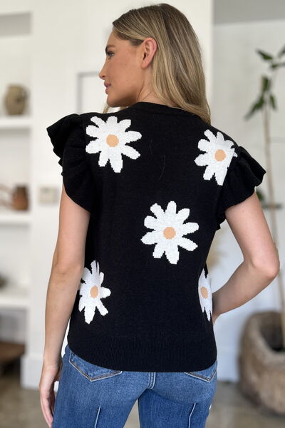Double Take Full Size Ruffled Flower Round Neck Cap Sleeve Sweater 