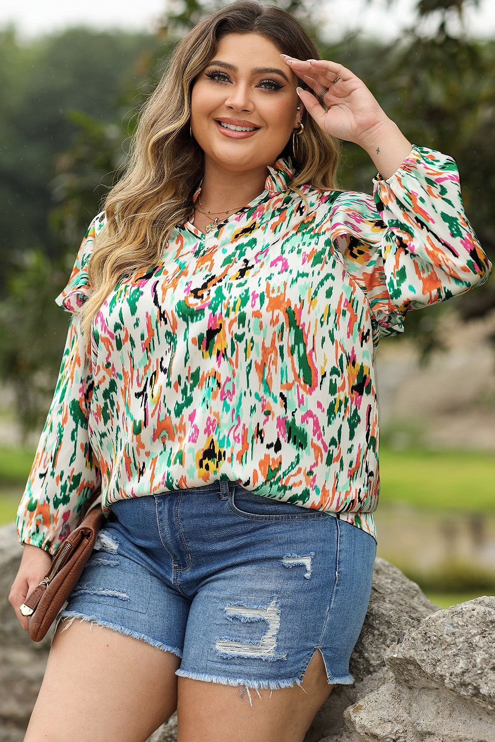 Plus Size Printed Ruffle Trim Long Sleeve Blouse 