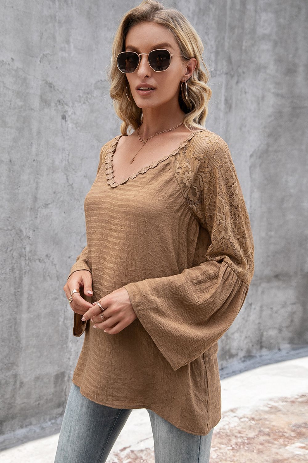 Ivy Lane V-Neck Spliced Lace Flare Sleeve Top 