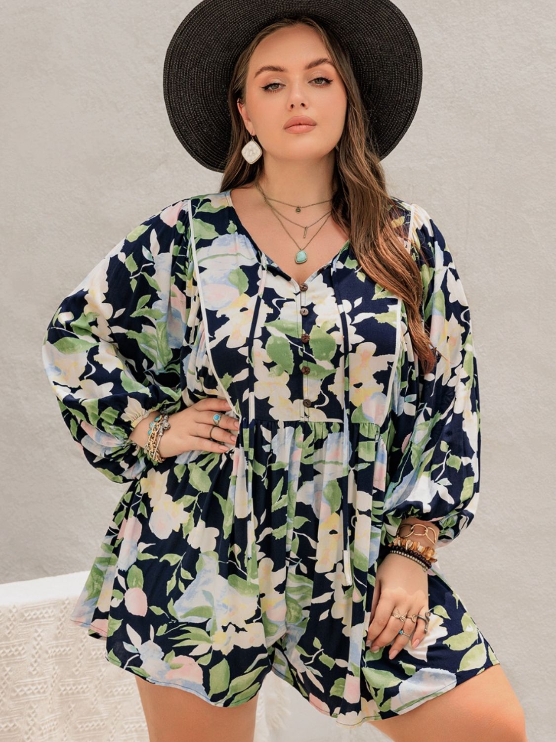 Plus Size Tied Printed Long Sleeve Romper 