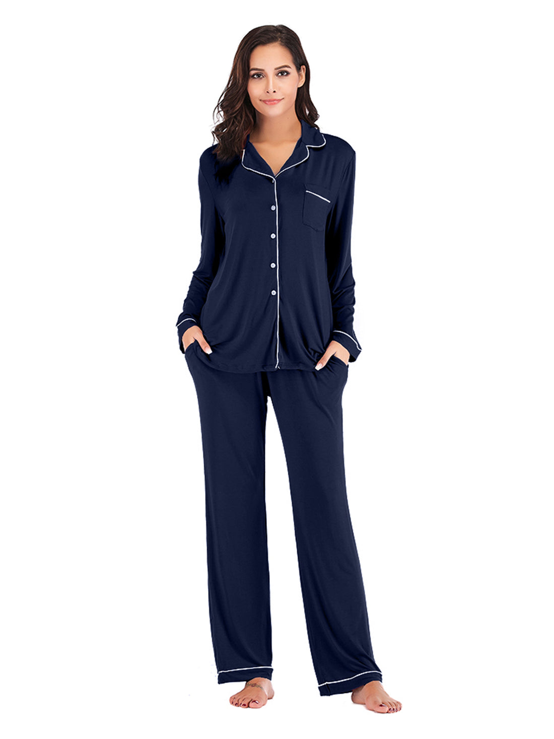 Collared Neck Long Sleeve Loungewear Set with Pockets Lingerie & Nightwear