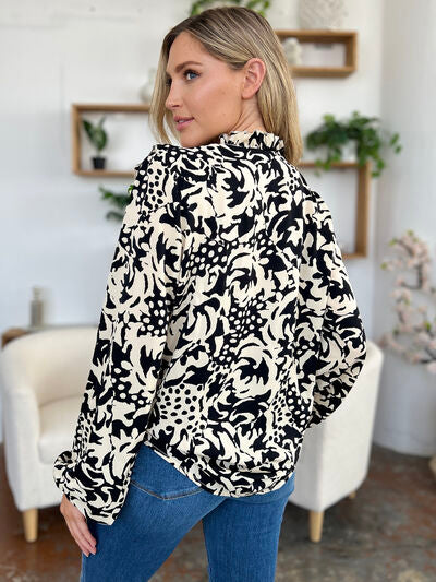 Double Take Full Size Printed Ruffle Trim Balloon Sleeve Shirt 