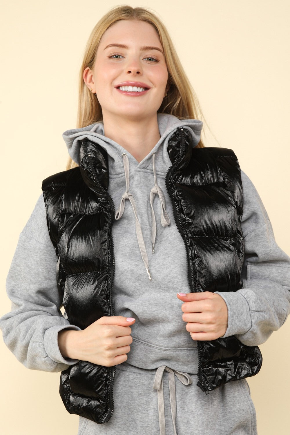 VERY J Shiny Metallic Zip Up Puffer Vest 