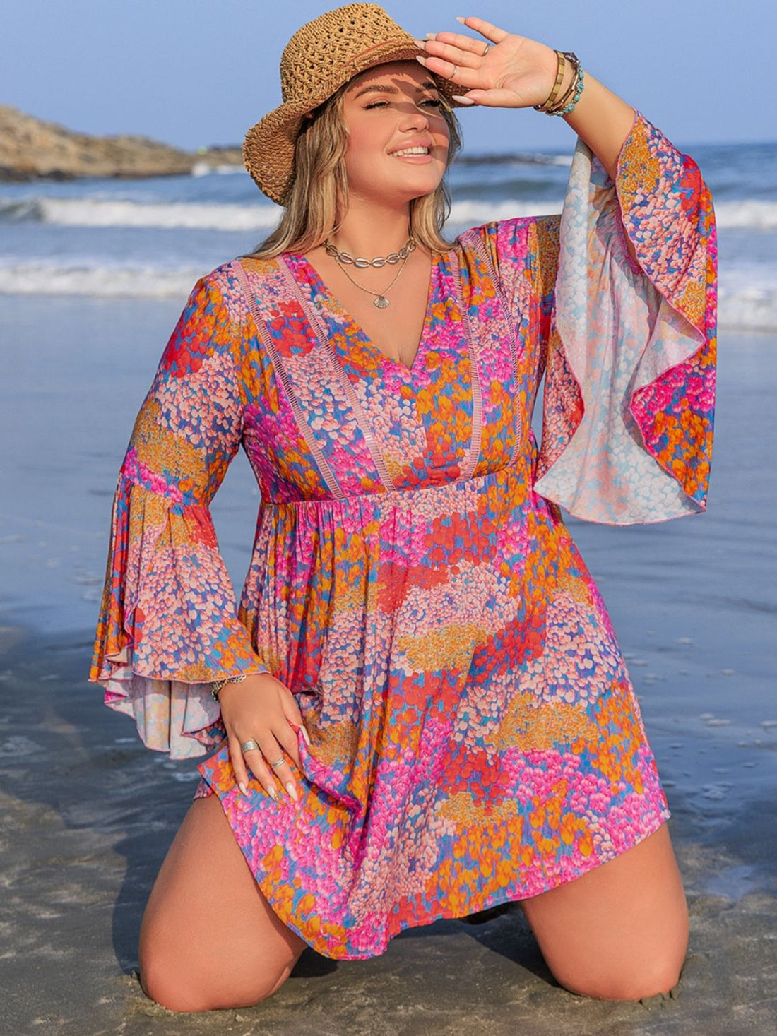 Plus Size Ruched Printed Long Sleeve Dress 