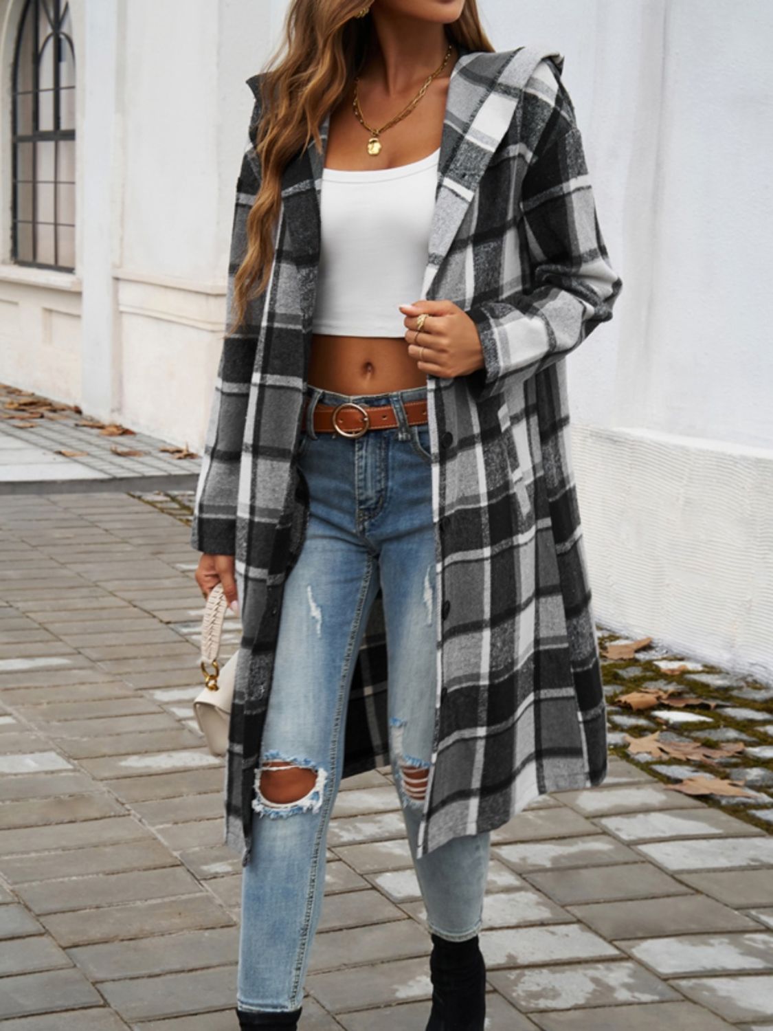 Devine Plaid Long Sleeve Hooded Coat 