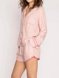 Striped Collared Neck Long Sleeve Top and Shorts Lounge Set Lingerie & Nightwear