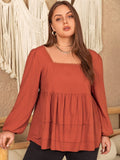 Plus Size Lace Detail Square Neck Long Sleeve Blouse 