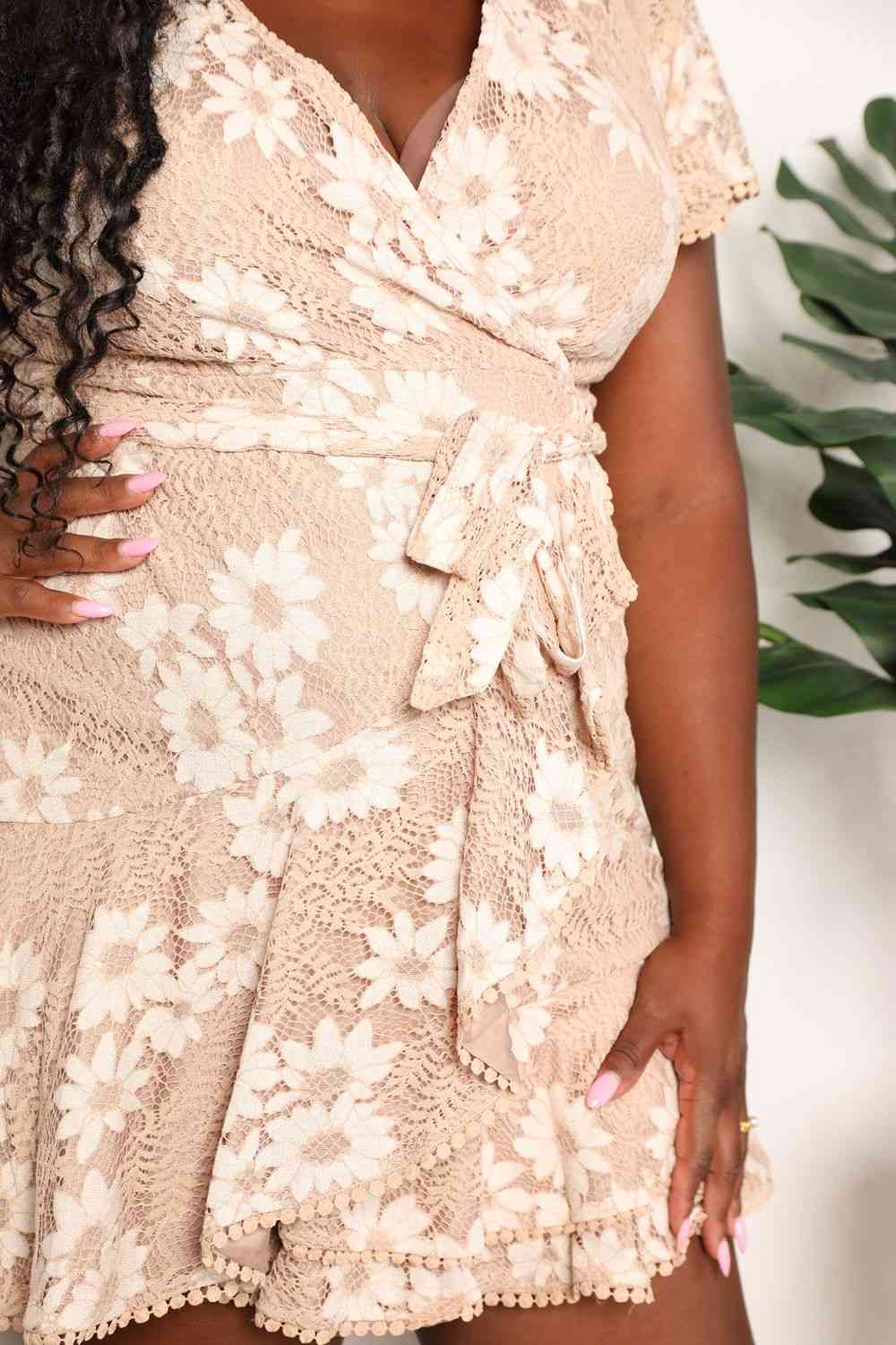 Double Take Floral Lace Pompom Detail Tie-Waist Flutter Sleeve Dress 