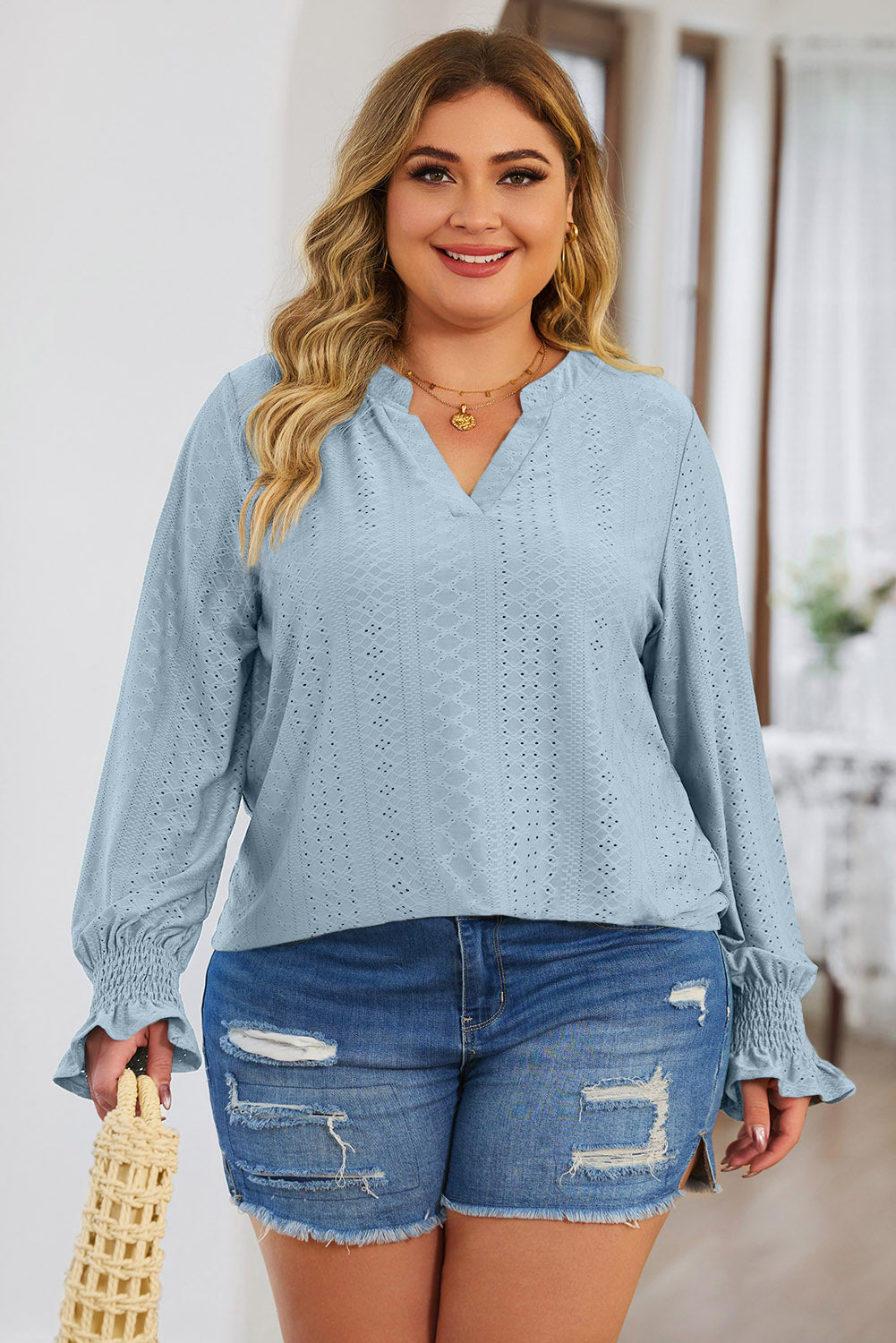 Plus Size Eyelet Notched Flounce Sleeve Blouse 