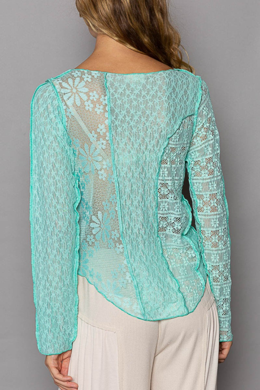 POL Exposed Seam Long Sleeve Lace Knit Top 
