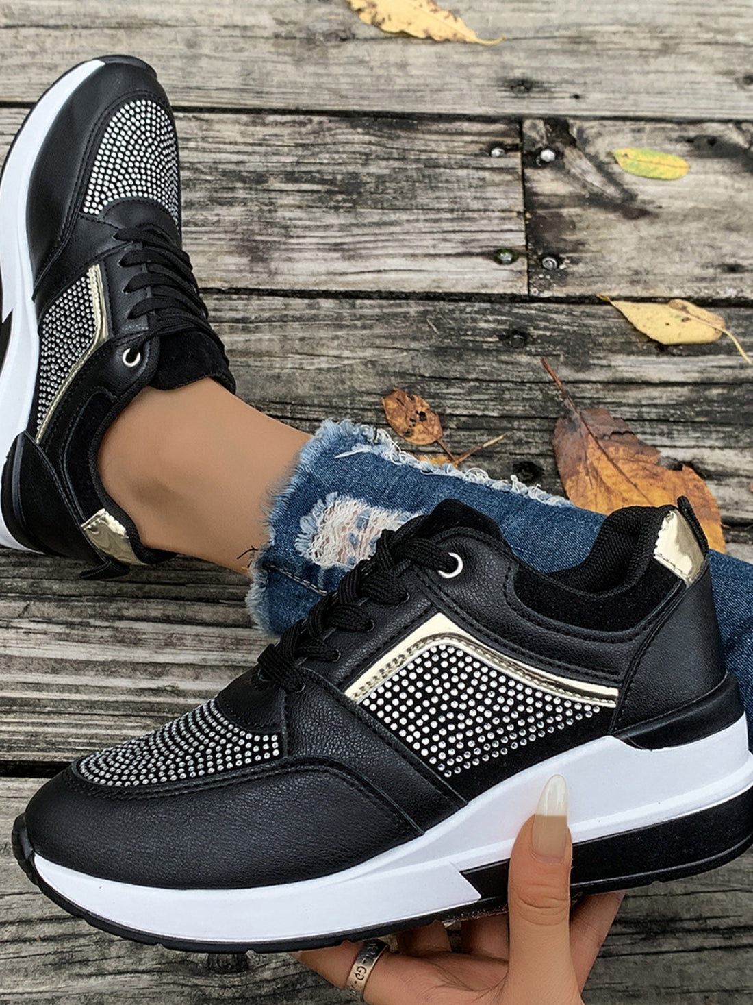 Lace-Up Rhinestone Wedge Sneakers 