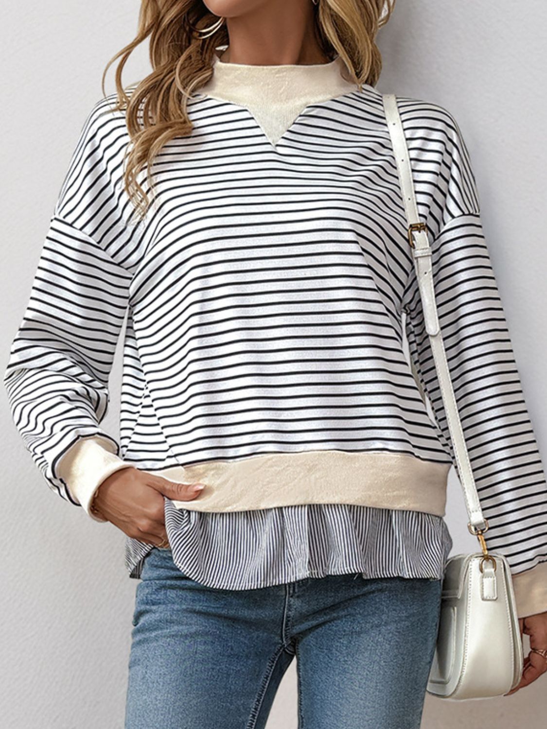 Perfee Faux Layered Striped Long Sleeve Sweatshirt 