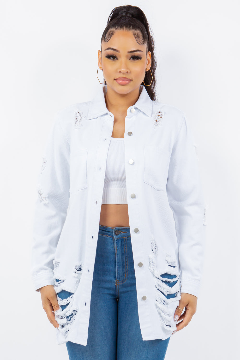 American Bazi Distressed Button Up Long Sleeve Denim Jacket 