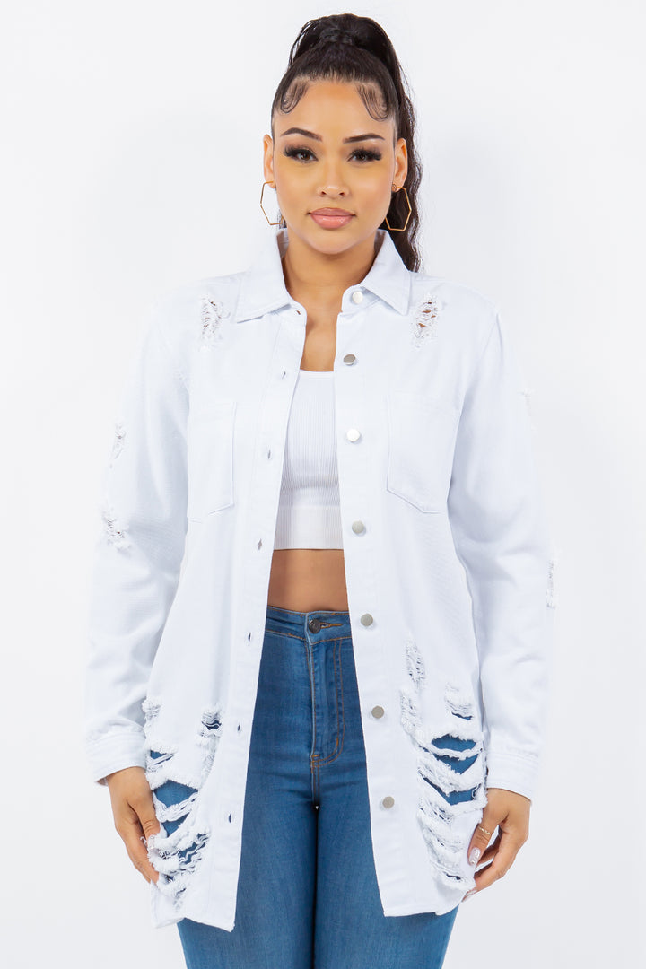 American Bazi Distressed Button Up Long Sleeve Denim Jacket 