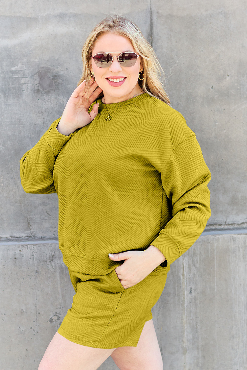Double Take Full Size Texture Long Sleeve Top and Drawstring Shorts Set 