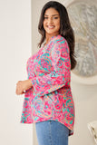 Plus Size Printed Notched Long Sleeve Blouse 