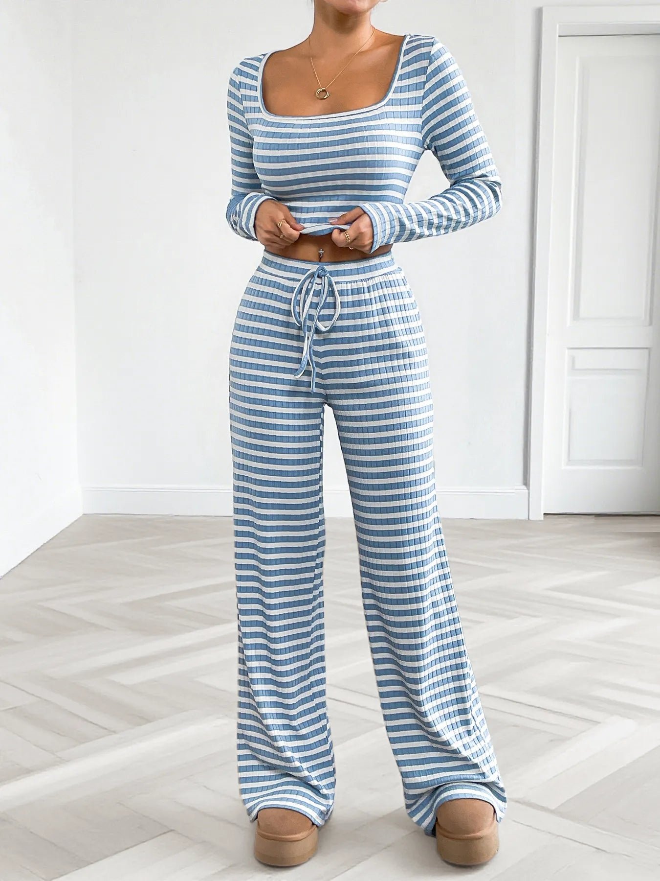 Striped Square Neck Long Sleeve Top and Pants Lounge Set Lingerie & Nightwear