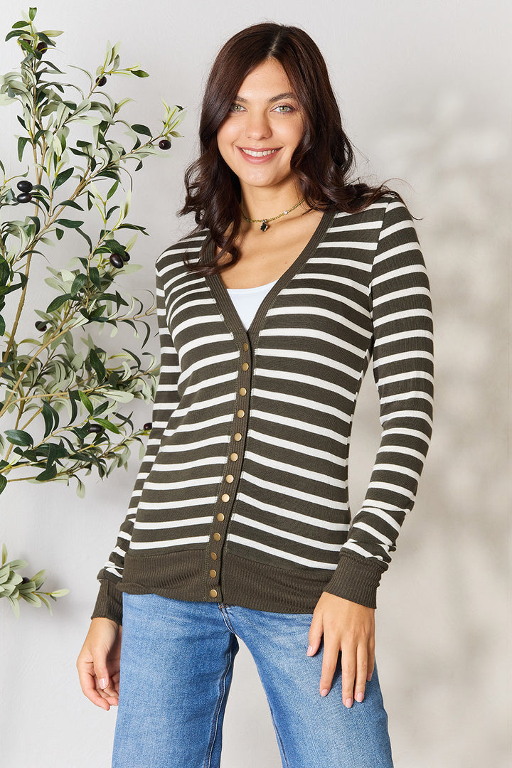 Zenana Full Size Striped Snap Down Cardigan 