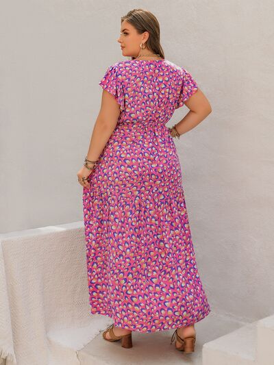 Plus Size Printed V-Neck Flutter Sleeve Tie Waist Maxi Dress Dresses