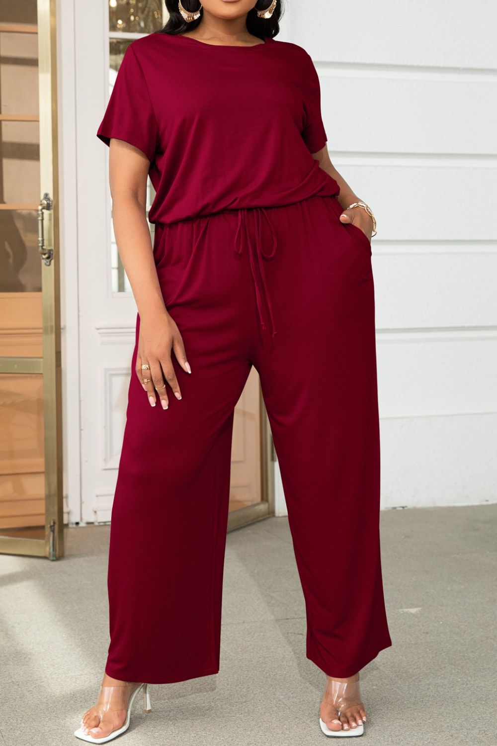 Plus Size Drawstring Waist Short Sleeve Jumpsuit 