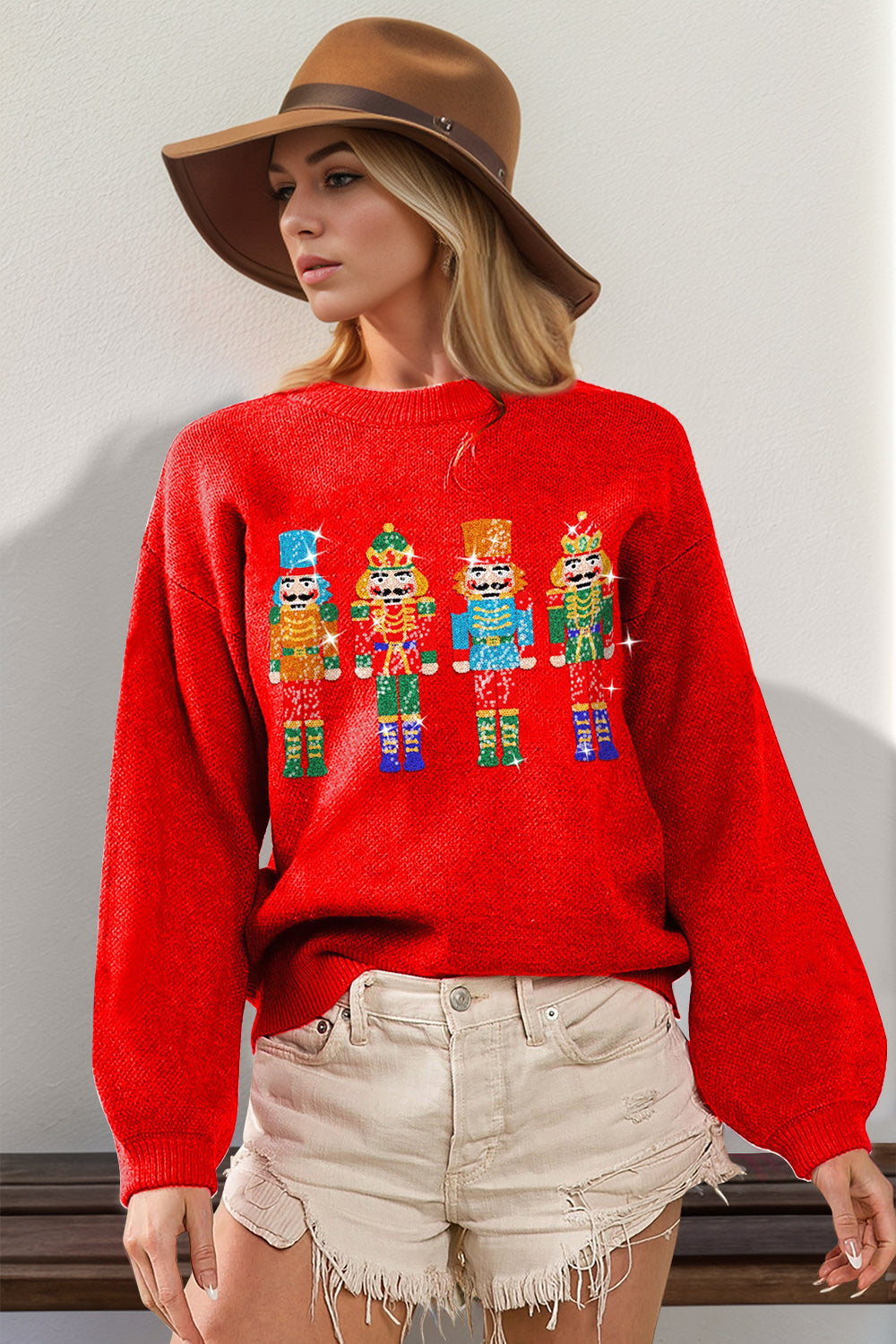 Double Take Full Size Sequin Nutcracker Long Sleeve Sweater 