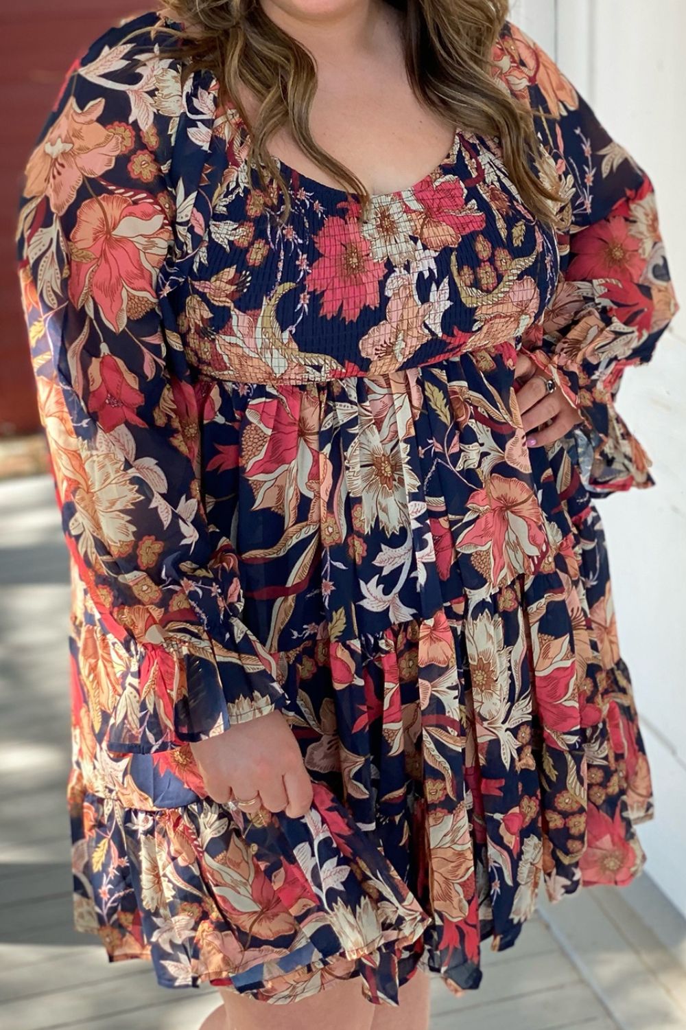 Plus Size Smocked Printed Long Sleeve Dress 