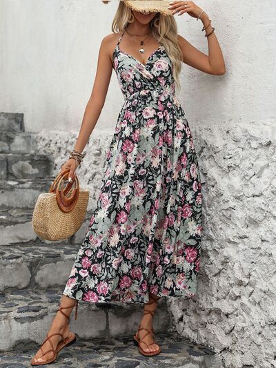 Perfee Smocked Printed Halter Neck Midi Dress Dresses